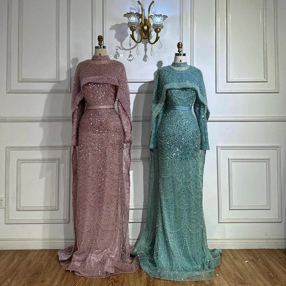 Luxury Dubai Muslim Mermaid Long Cape Evening Dresses Pearls Beaded Gowns For Formal Occasion LA72032MP - SERENE HILL