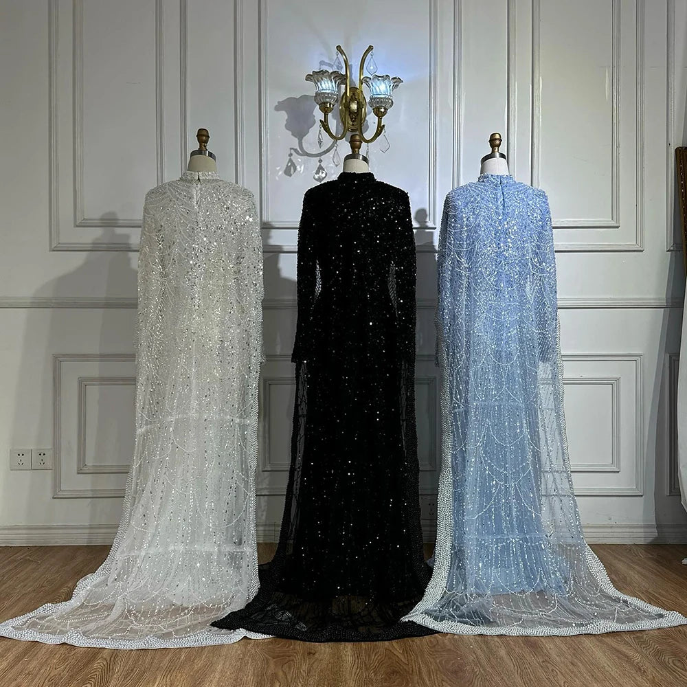 Luxury Dubai Muslim Mermaid Long Cape Evening Dresses Pearls Beaded Gowns For Formal Occasion LA72032MP - SERENE HILL