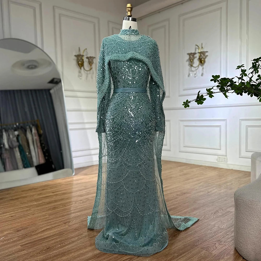 Luxury Dubai Muslim Mermaid Long Cape Evening Dresses Pearls Beaded Gowns For Formal Occasion LA72032MP - SERENE HILL
