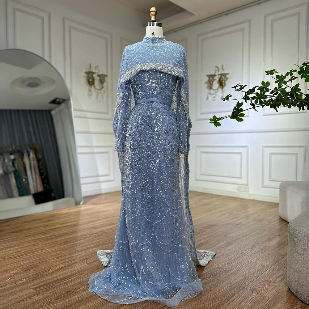 Luxury Dubai Muslim Mermaid Long Cape Evening Dresses Pearls Beaded Gowns For Formal Occasion LA72032MP - SERENE HILL