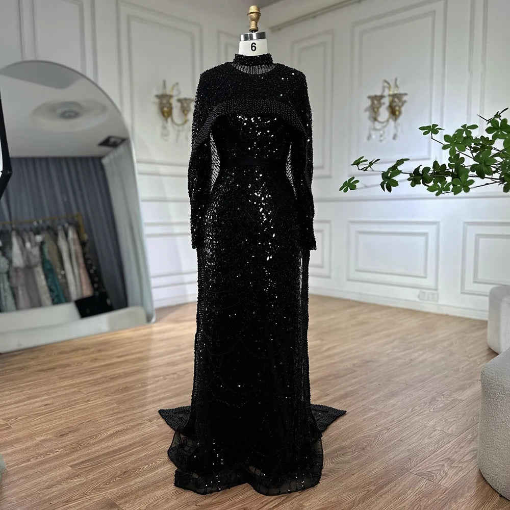 Luxury Dubai Muslim Mermaid Long Cape Evening Dresses Pearls Beaded Gowns For Formal Occasion LA72032MP - SERENE HILL