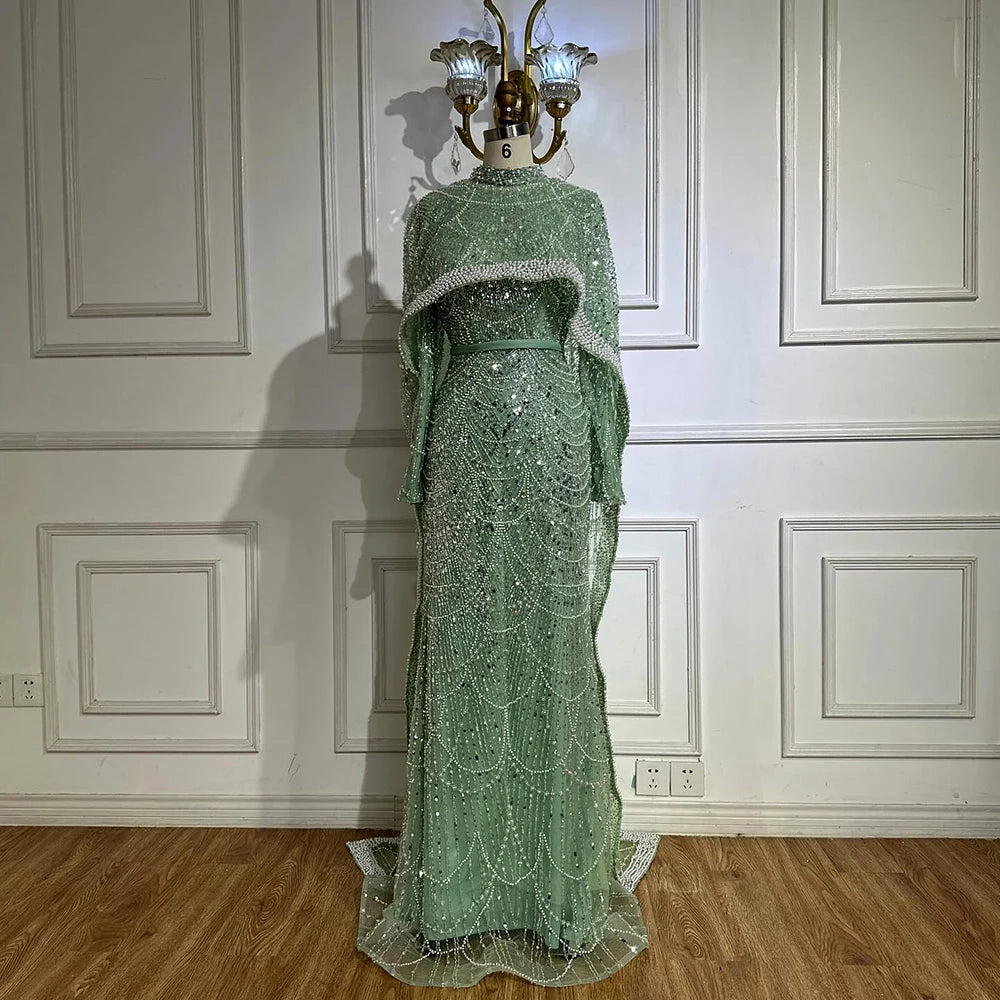 Luxury Dubai Muslim Mermaid Long Cape Evening Dresses Pearls Beaded Gowns For Formal Occasion LA72032MP - SERENE HILL