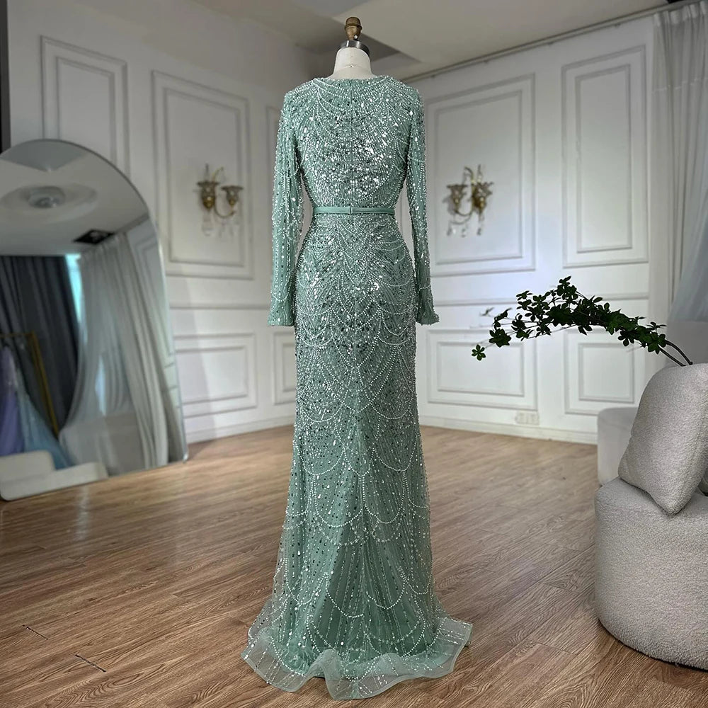 Luxury Dubai Muslim Mermaid Long Cape Evening Dresses Pearls Beaded Gowns For Formal Occasion LA72032MP - SERENE HILL