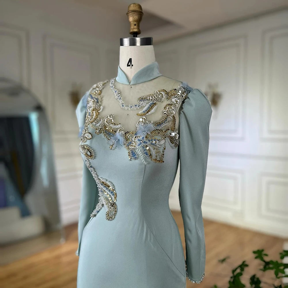 Luxury Dubai Muslim Mint Mermaid Beaded Satin Evening Dress Gown with for Formal Occasion LA72797C - SERENE HILL