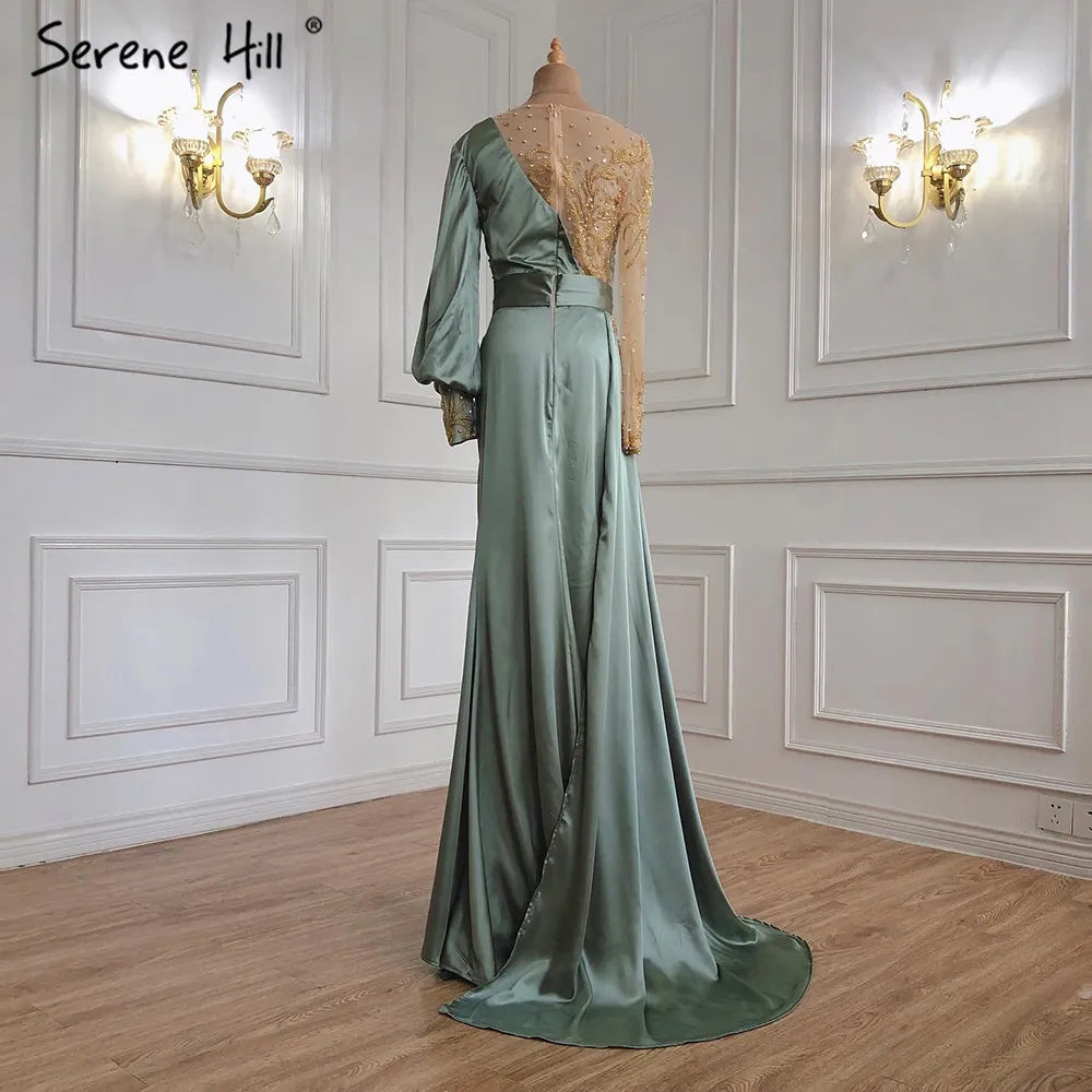 Serene Hill Muslim Mint Mermaid Elegant Beaded Satin Overskirt Evening Dresses Gowns Plus Size 2025 For Women Party LA71278 - SERENE HILL