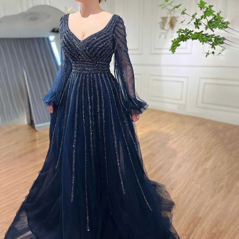 Serene Hill Muslim Navy Blue A-Line Beaded Luxury Arabic Evening Dresses Gowns 2025 For Women Wedding Party LA71867 - SERENE HILL
