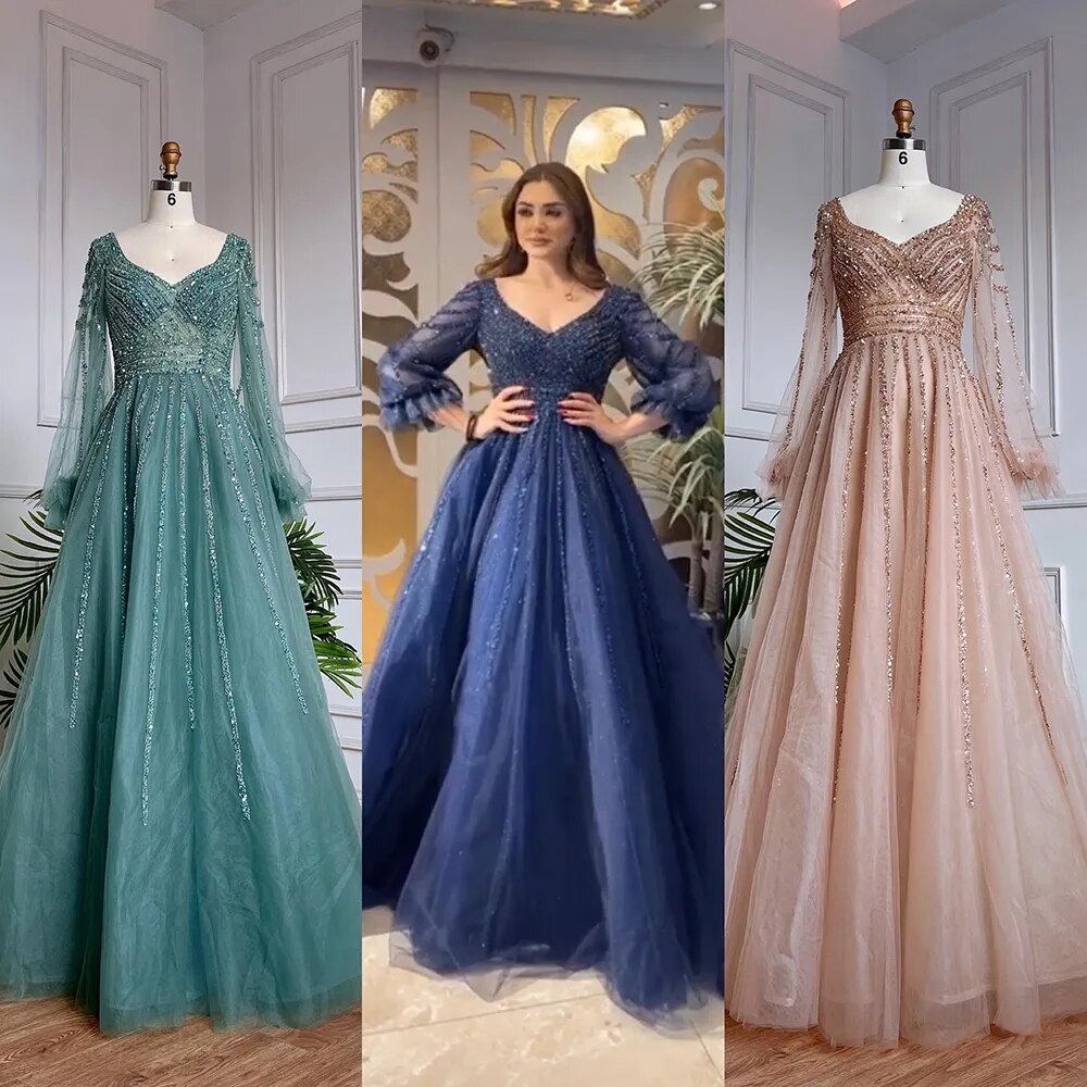 Serene Hill Muslim Navy Blue A-Line Beaded Luxury Arabic Evening Dresses Gowns 2025 For Women Wedding Party LA71867 - SERENE HILL