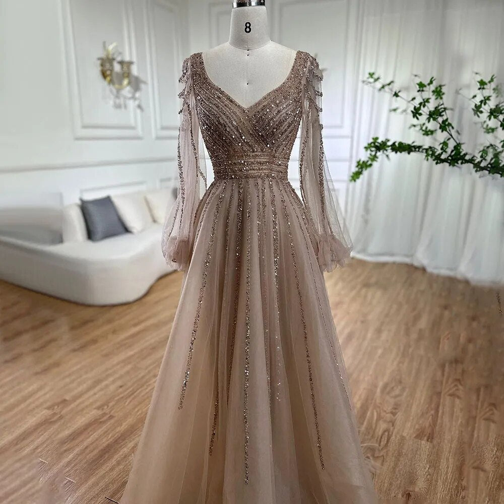 Serene Hill Muslim Navy Blue A-Line Beaded Luxury Arabic Evening Dresses Gowns 2025 For Women Wedding Party LA71867 - SERENE HILL