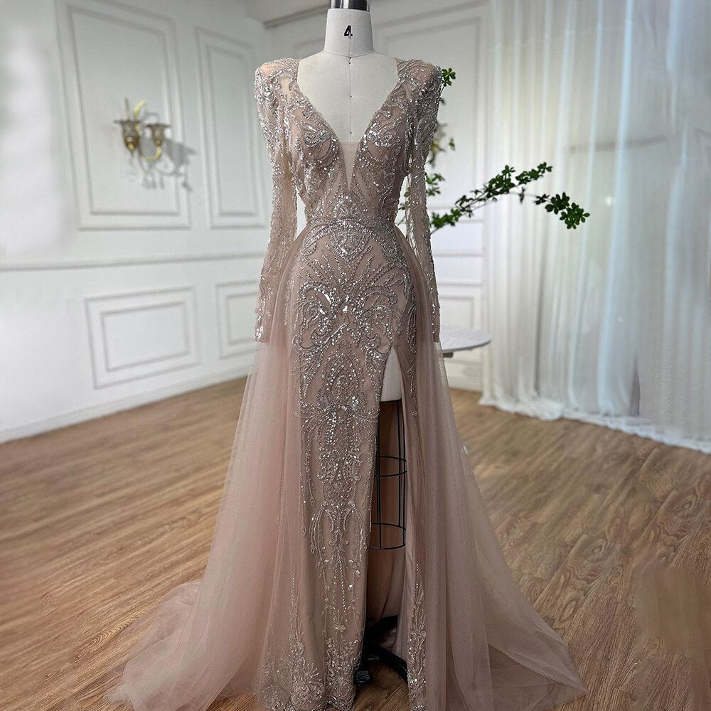 Serene Hill Muslim Nude Elegant Merma V-Neck Beaded Luxury Evening Dresses Gowns 2025 For Women Wedding Party LA72141 - SERENE HILL