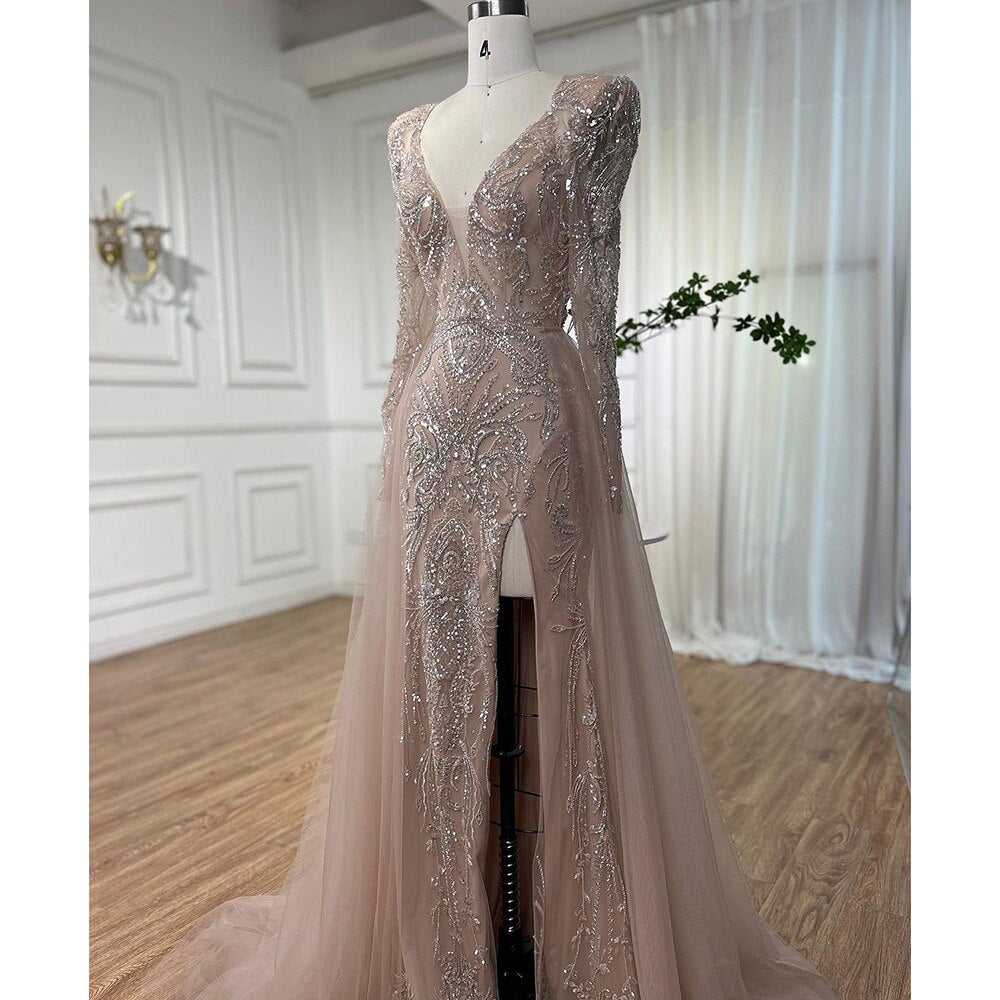 Serene Hill Muslim Nude Elegant Merma V-Neck Beaded Luxury Evening Dresses Gowns 2025 For Women Wedding Party LA72141 - SERENE HILL