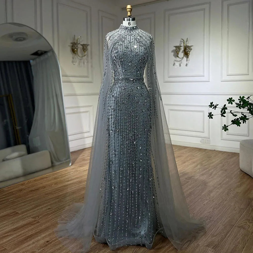 Luxury Modest Nude Pearls Beaded Evening Dress With Long Sleeves Cape LA72372 - SERENE HILL