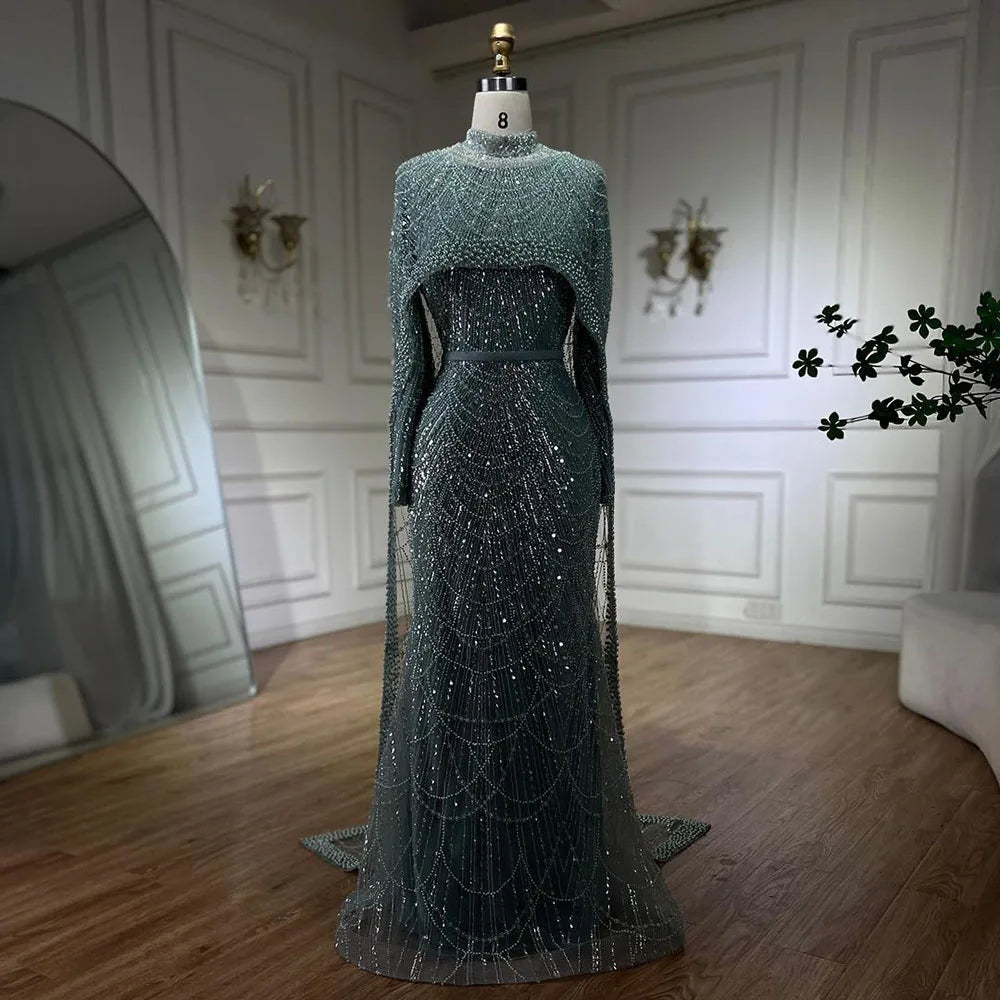 Luxury Nude Mermaid Evening Dress with Cape Dubai Arabic Style LA72032M - SERENE HILL
