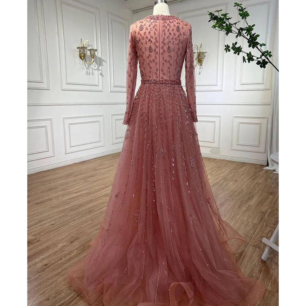 Muslim Pink A-Line Beaded Modest Evening Dress Plus Size LA71803C - SERENE HILL