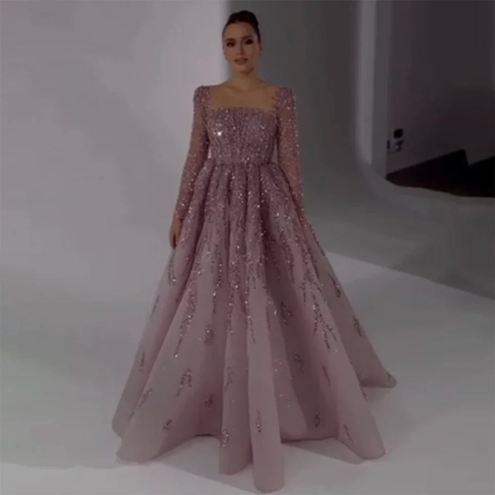 Luxury Dusty Pink Long Sleeves A-Line Evening Dress LA71915 – SERENE HILL