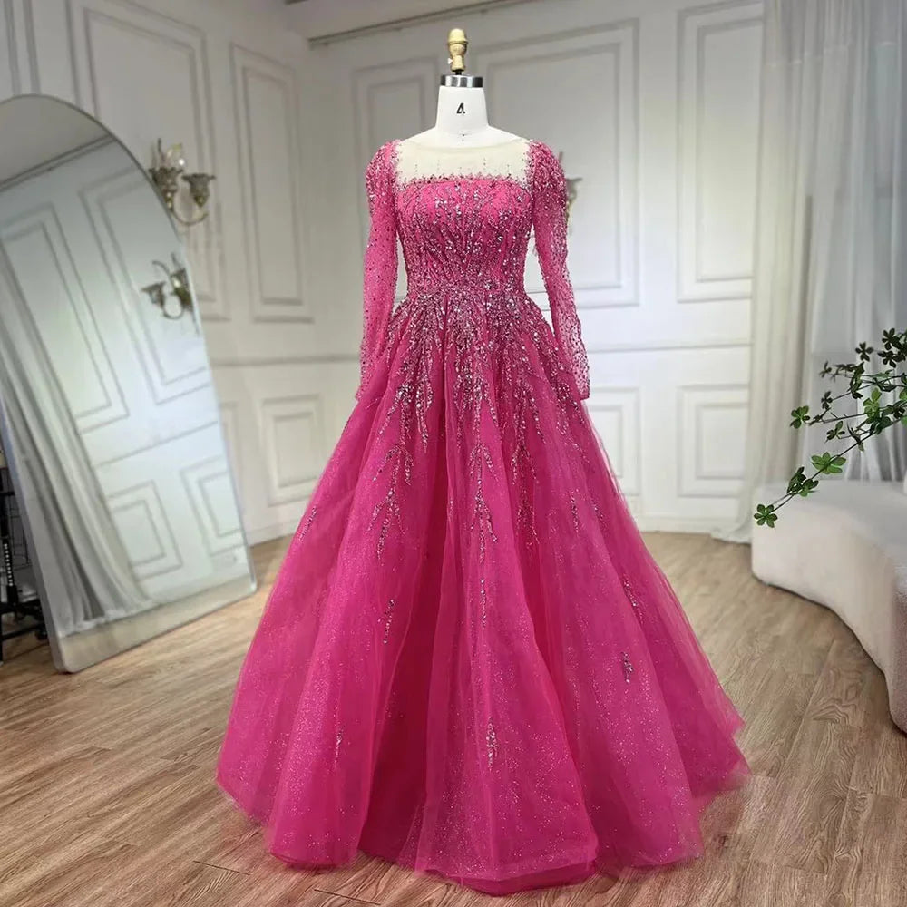 Luxury Dusty Pink Long Sleeves A-Line Evening Dress LA71915 - SERENE HILL