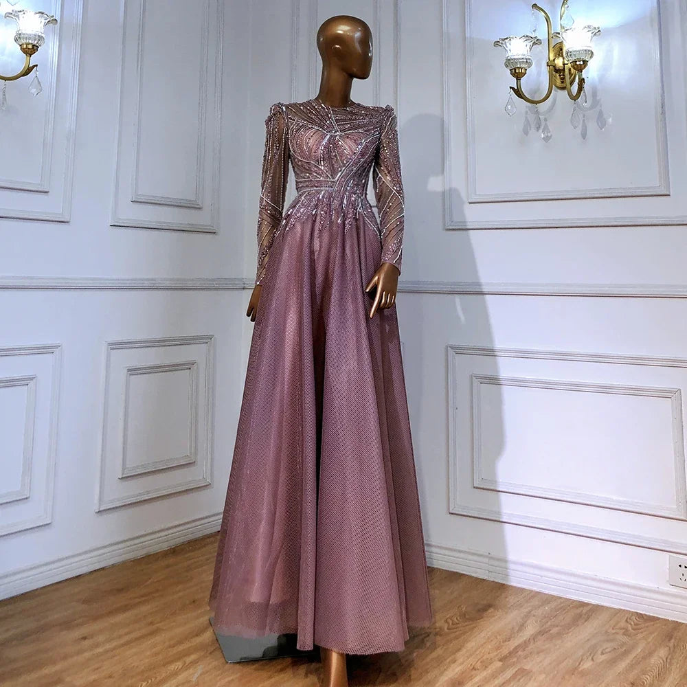 Serene Hill Muslim Pink A-Line Beaded Luxury Evening Dresses Gowns 2025 For Women Wedding Party LA71290A - SERENE HILL