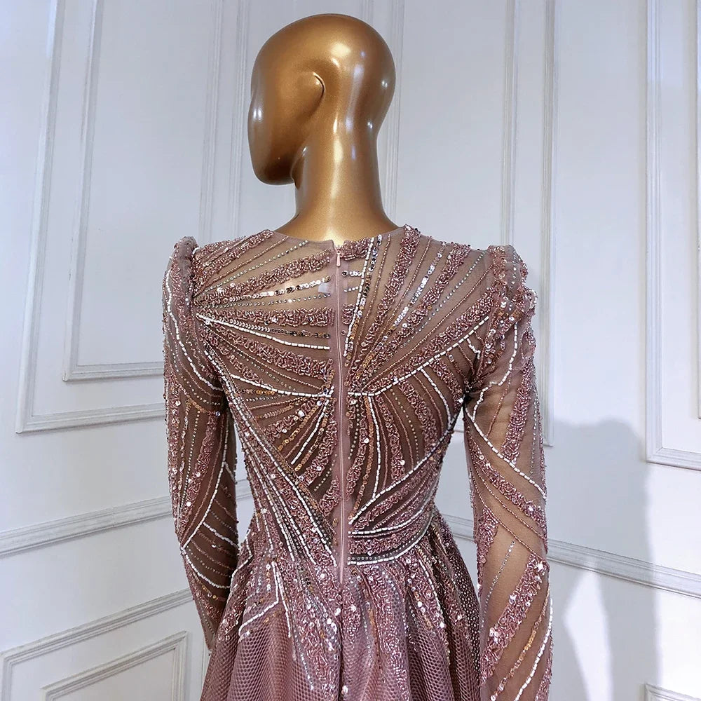 Serene Hill Muslim Pink A-Line Beaded Luxury Evening Dresses Gowns 2025 For Women Wedding Party LA71290A - SERENE HILL