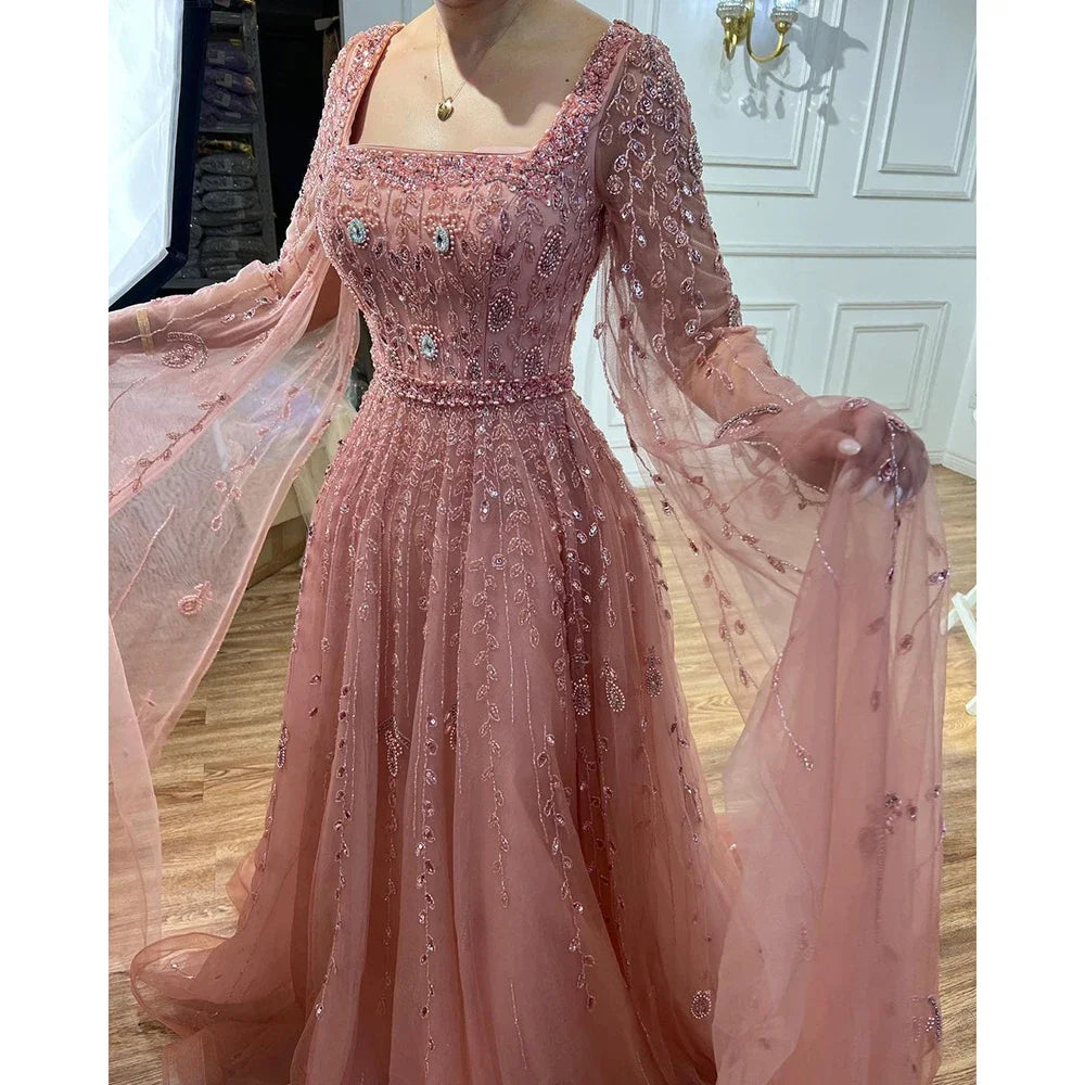 Luxury Designer Pink Dubai Evening Dress With Cape LA71803A - SERENE HILL