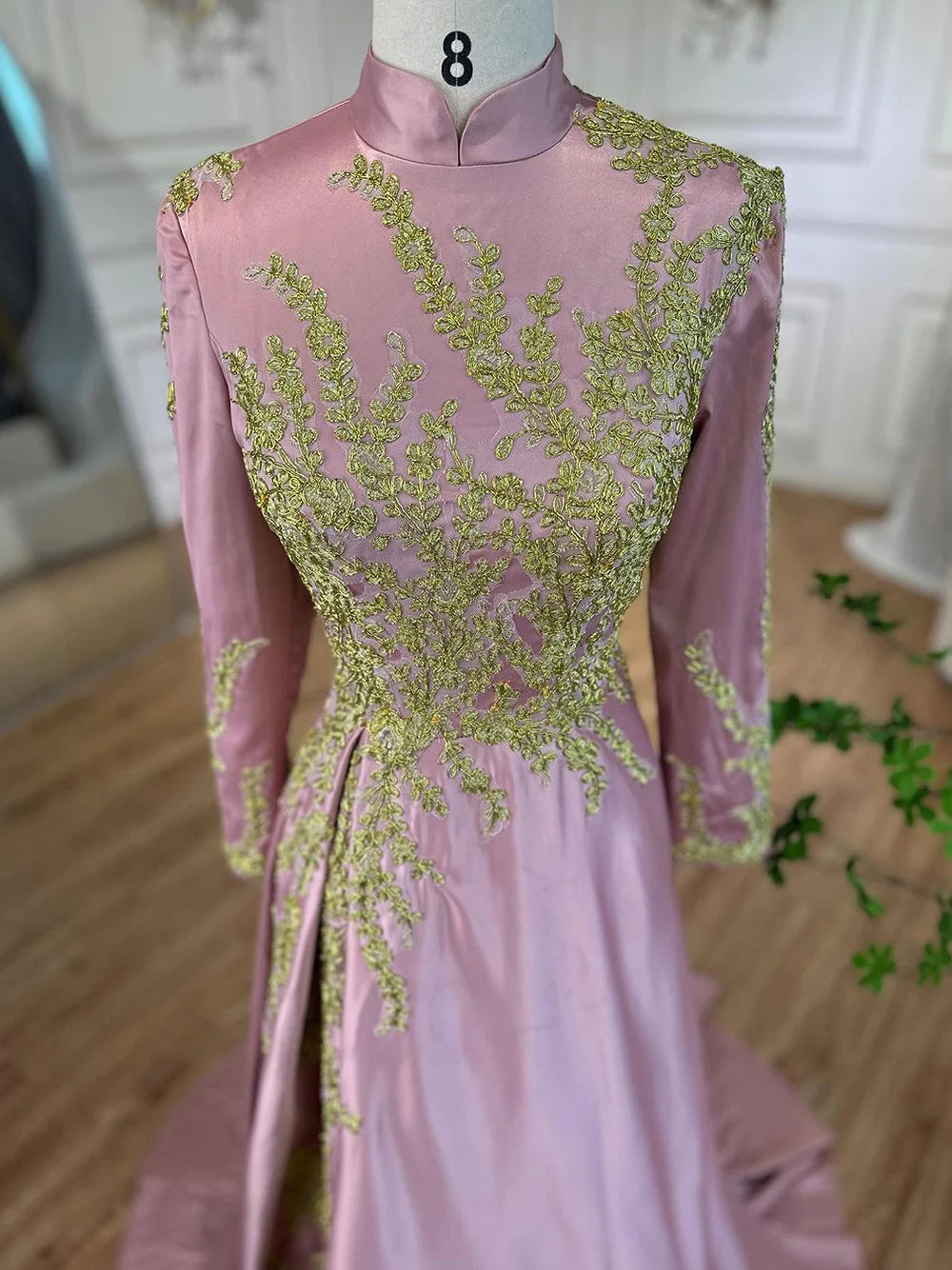 Serene Hill Muslim Pink Mermaid Embroidery Satin Elegant Evening Dresses Gowns 2025 For Women Wedding Party LA72218 - SERENE HILL