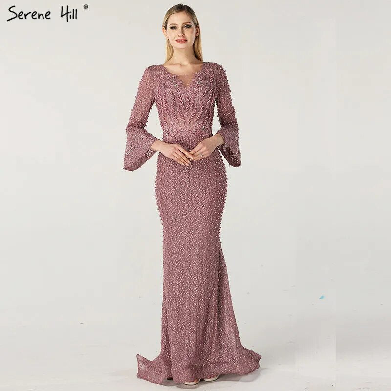 On Sale No Return No Refund Serene Hill Muslim Pink Mermaid Luxury Lace Beaded Pearls Long Sleeves Evening Dress Formal Party Gown 2025 Plus Size LA60813 - SERENE HILL