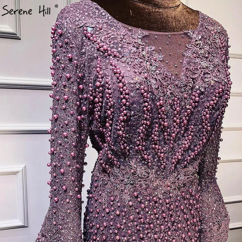 On Sale No Return No Refund Serene Hill Muslim Pink Mermaid Luxury Lace Beaded Pearls Long Sleeves Evening Dress Formal Party Gown 2025 Plus Size LA60813 - SERENE HILL