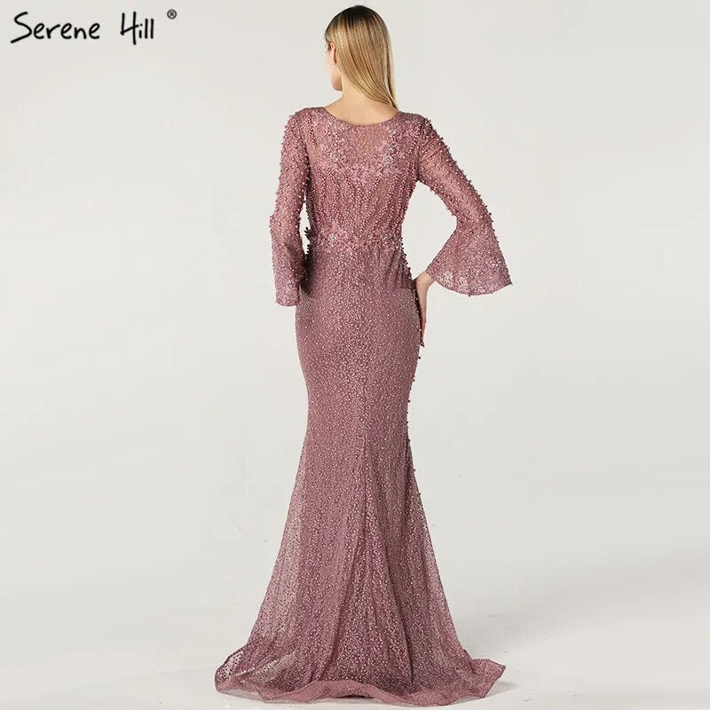 On Sale No Return No Refund Serene Hill Muslim Pink Mermaid Luxury Lace Beaded Pearls Long Sleeves Evening Dress Formal Party Gown 2025 Plus Size LA60813 - SERENE HILL