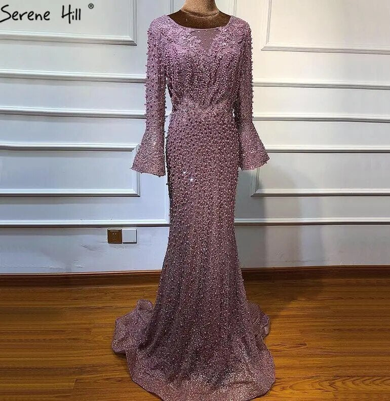 On Sale No Return No Refund Serene Hill Muslim Pink Mermaid Luxury Lace Beaded Pearls Long Sleeves Evening Dress Formal Party Gown 2025 Plus Size LA60813 - SERENE HILL