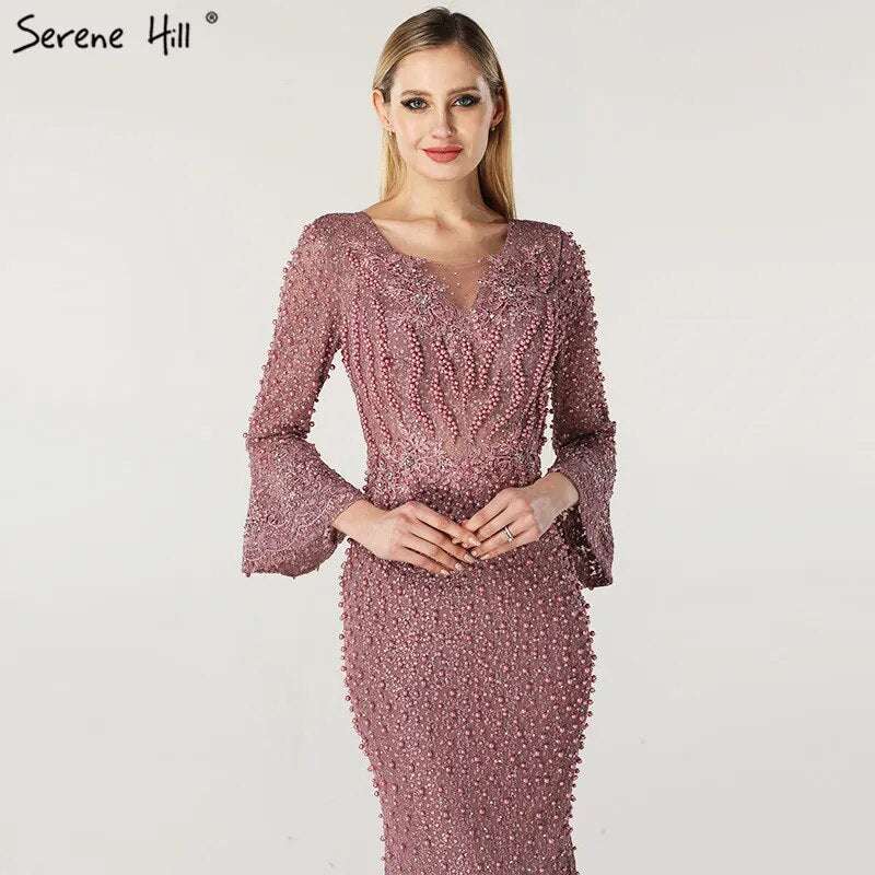 On Sale No Return No Refund Serene Hill Muslim Pink Mermaid Luxury Lace Beaded Pearls Long Sleeves Evening Dress Formal Party Gown 2025 Plus Size LA60813 - SERENE HILL