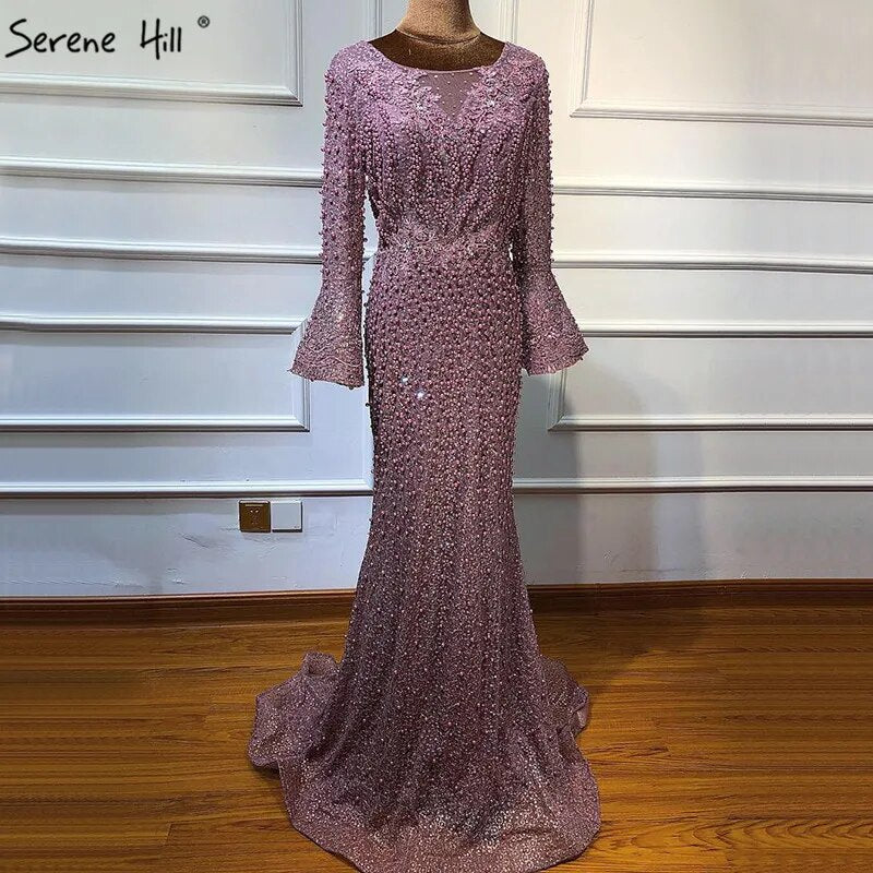 On Sale No Return No Refund Serene Hill Muslim Pink Mermaid Luxury Lace Beaded Pearls Long Sleeves Evening Dress Formal Party Gown 2025 Plus Size LA60813 - SERENE HILL