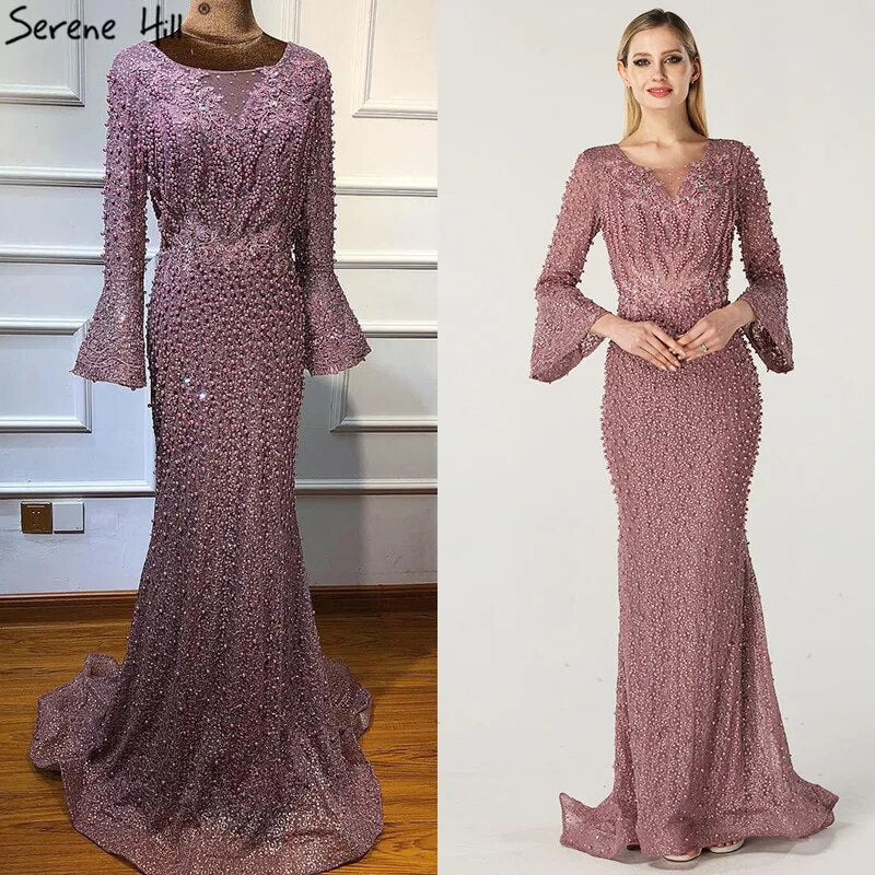 On Sale No Return No Refund Serene Hill Muslim Pink Mermaid Luxury Lace Beaded Pearls Long Sleeves Evening Dress Formal Party Gown 2025 Plus Size LA60813 - SERENE HILL