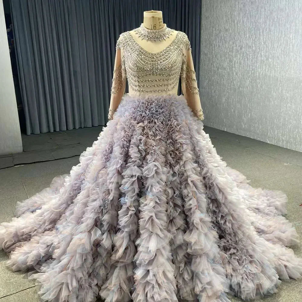 Serene Hill Muslim Purple Lace Up Beaded Luxury Ball Gown Elegant Bride Gowns Wedding Dress 2025 High End Custom Made HM222115 - SERENE HILL