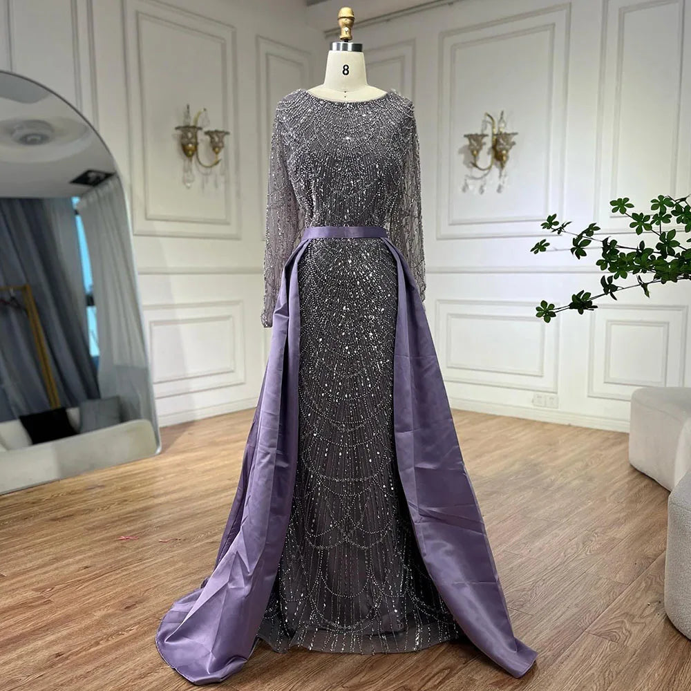 Serene Hill Muslim Purple Mermaid Beaded Pearls Evening Gown with Detachable Overskirt for Women | Wedding Party 2025 LA72032E - SERENE HILL