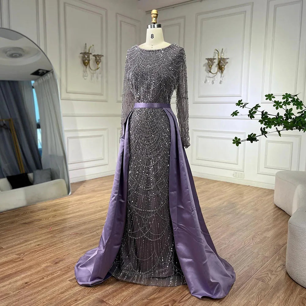 Serene Hill Muslim Purple Mermaid Beaded Pearls Evening Gown with Detachable Overskirt for Women | Wedding Party 2025 LA72032E - SERENE HILL