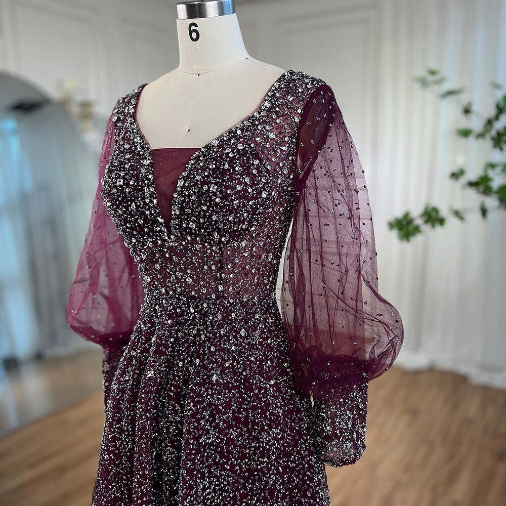 Serene Hill Muslim Purple A Line Elegant Puff Sleeves Evening Dresses Gowns Luxury Beaded 2025 For Women Wedding Party LA72145 - SERENE HILL