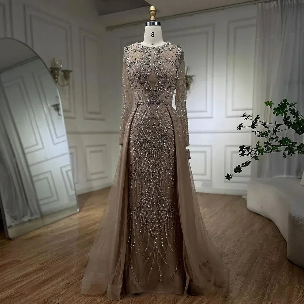 Serene Hill Muslim Silver Nude Mermaid Gown with Detachable Overskirt Beaded Evening Dress for Women Wedding Party LA71919 - SERENE HILL