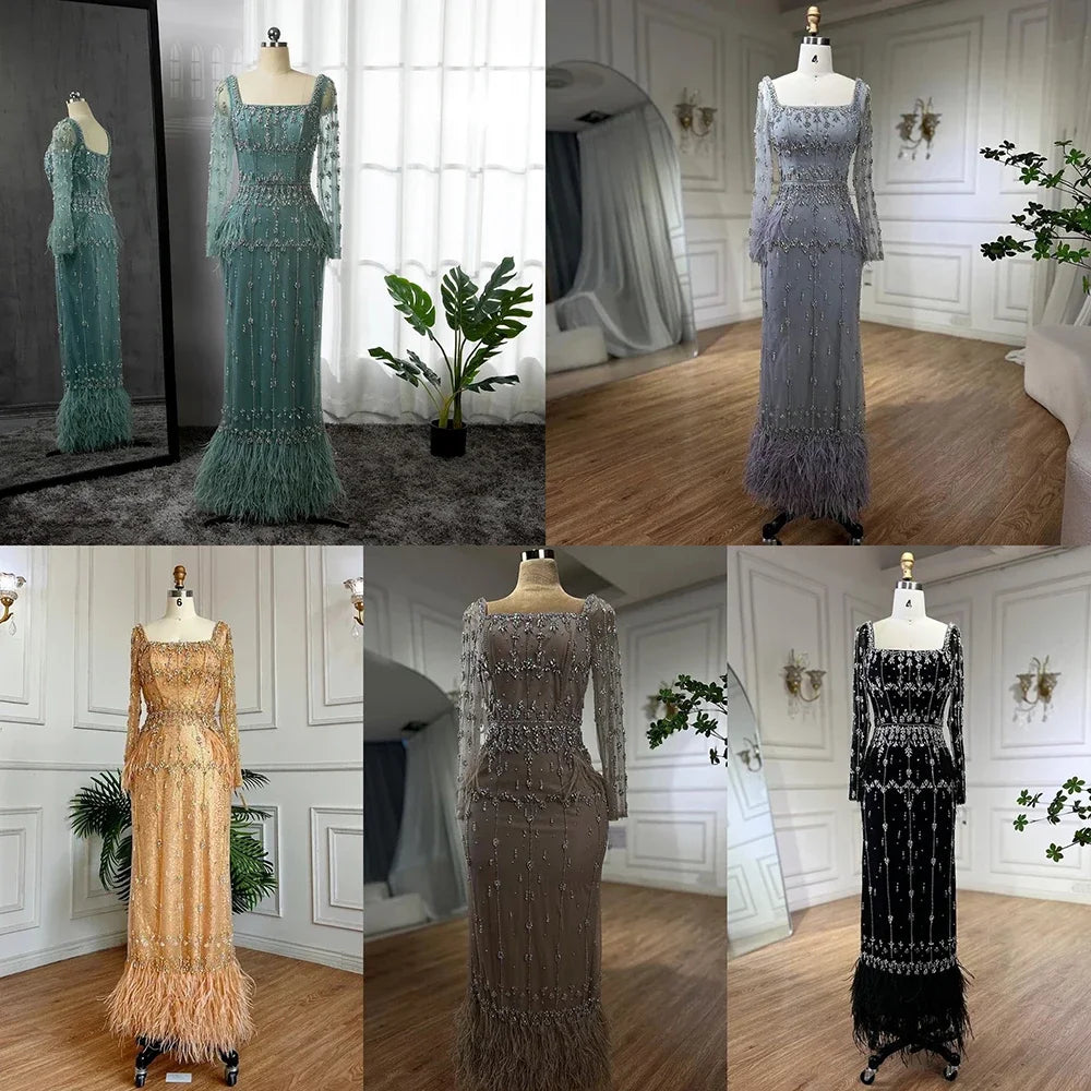 Muslim Luxury Feather Ankle Evening Dress with Long Sleeves LA71722 - SERENE HILL
