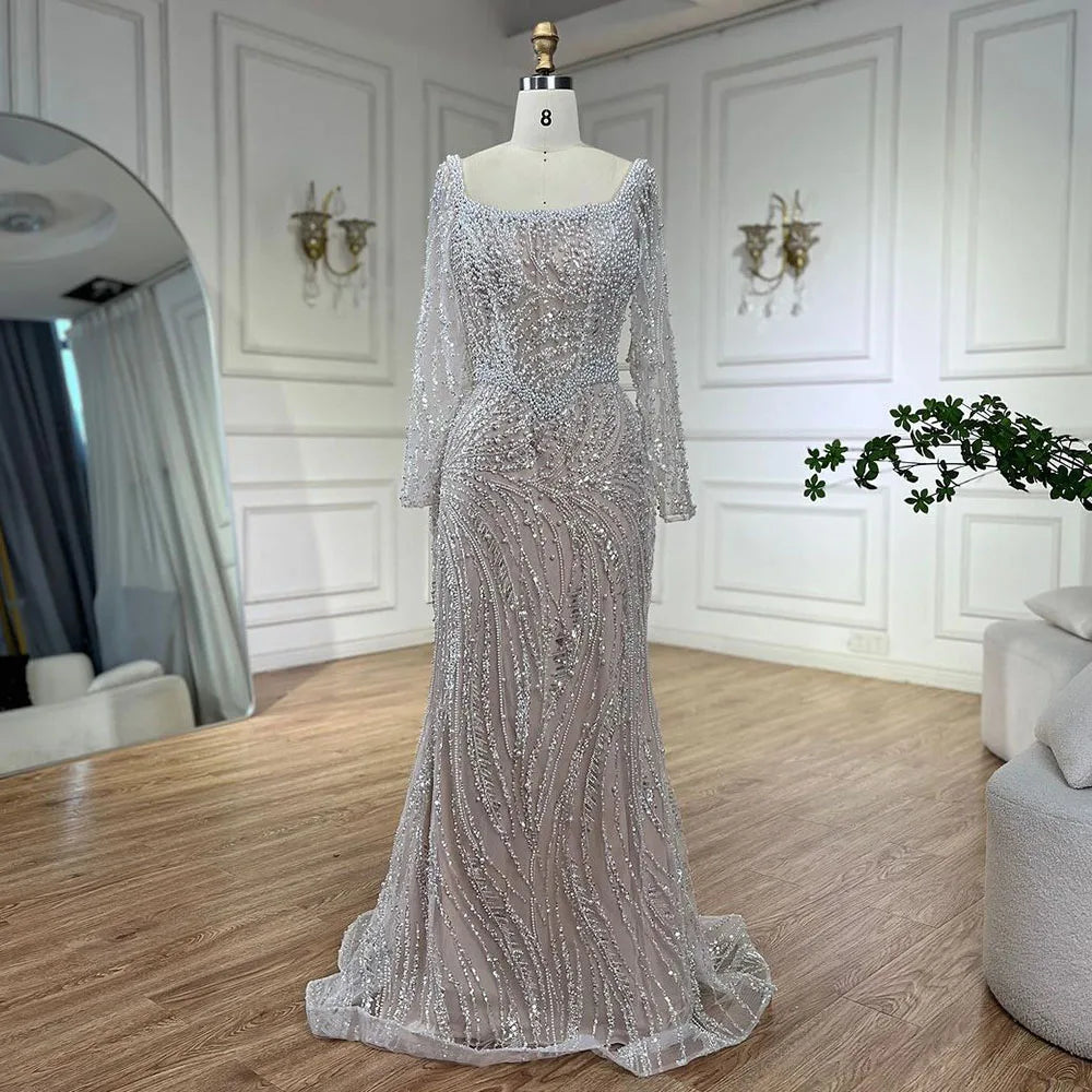 Serene Hill Muslim White Nude Elegant Mermaid Luxury Dubai Evening Dresses Gowns Pearls Beaded For Women Wedding Party LA72266A - SERENE HILL