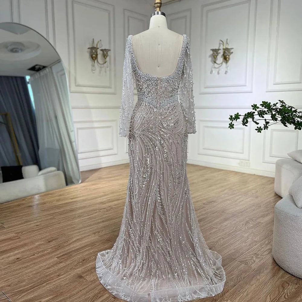 Serene Hill Muslim White Nude Elegant Mermaid Luxury Dubai Evening Dresses Gowns Pearls Beaded For Women Wedding Party LA72266A - SERENE HILL