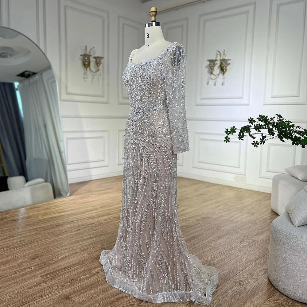 Serene Hill Muslim White Nude Elegant Mermaid Luxury Dubai Evening Dresses Gowns Pearls Beaded For Women Wedding Party LA72266A - SERENE HILL