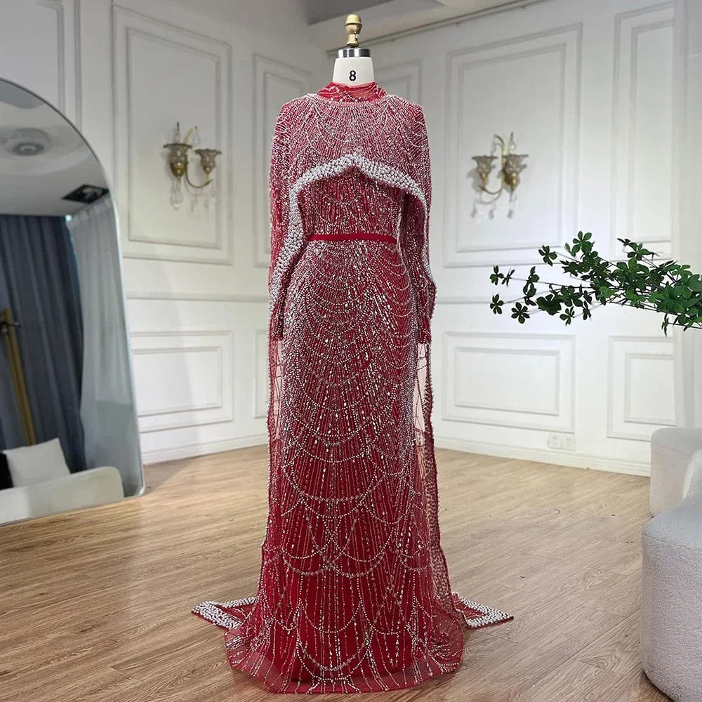 Modest Beaded Long Cape Dubai Evening Dresses LA72032M - SERENE HILL