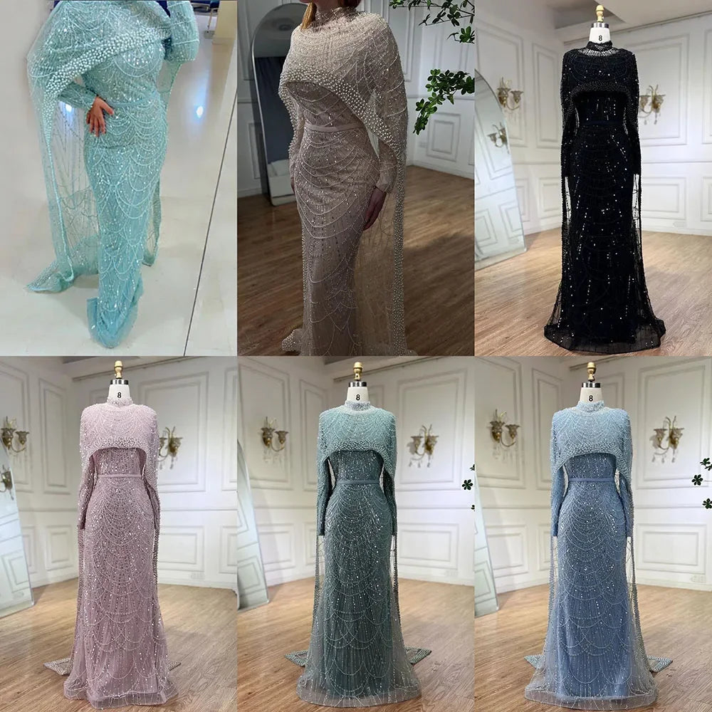 Modest Beaded Long Cape Dubai Evening Dresses LA72032M - SERENE HILL