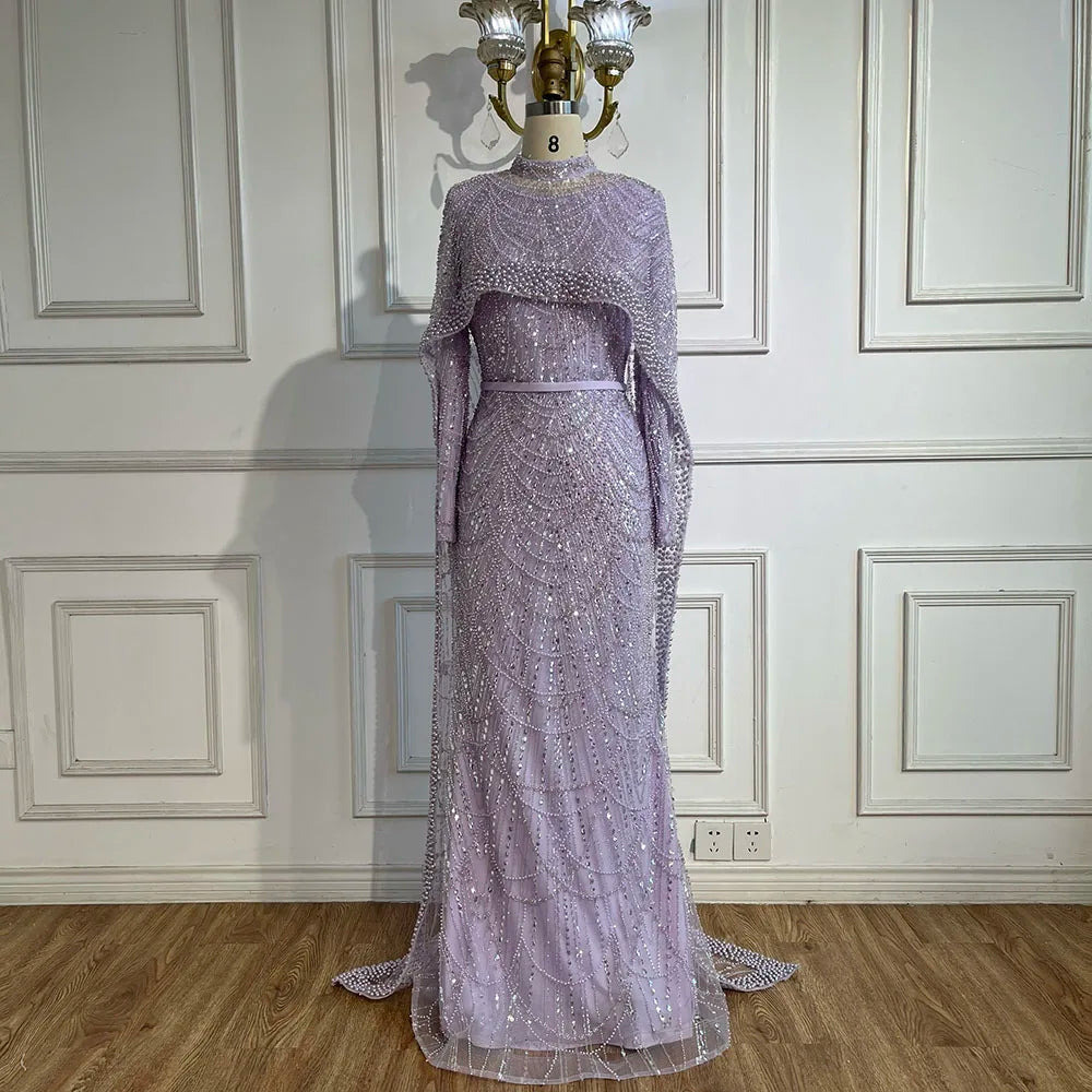 Modest Beaded Long Cape Dubai Evening Dresses LA72032M - SERENE HILL