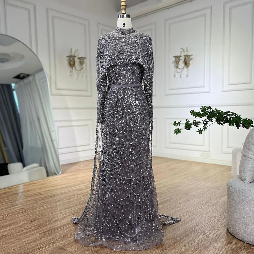 Muslim Long Cape Dubai Crystal Beaded Evening Gown LA72032M - SERENE HILL