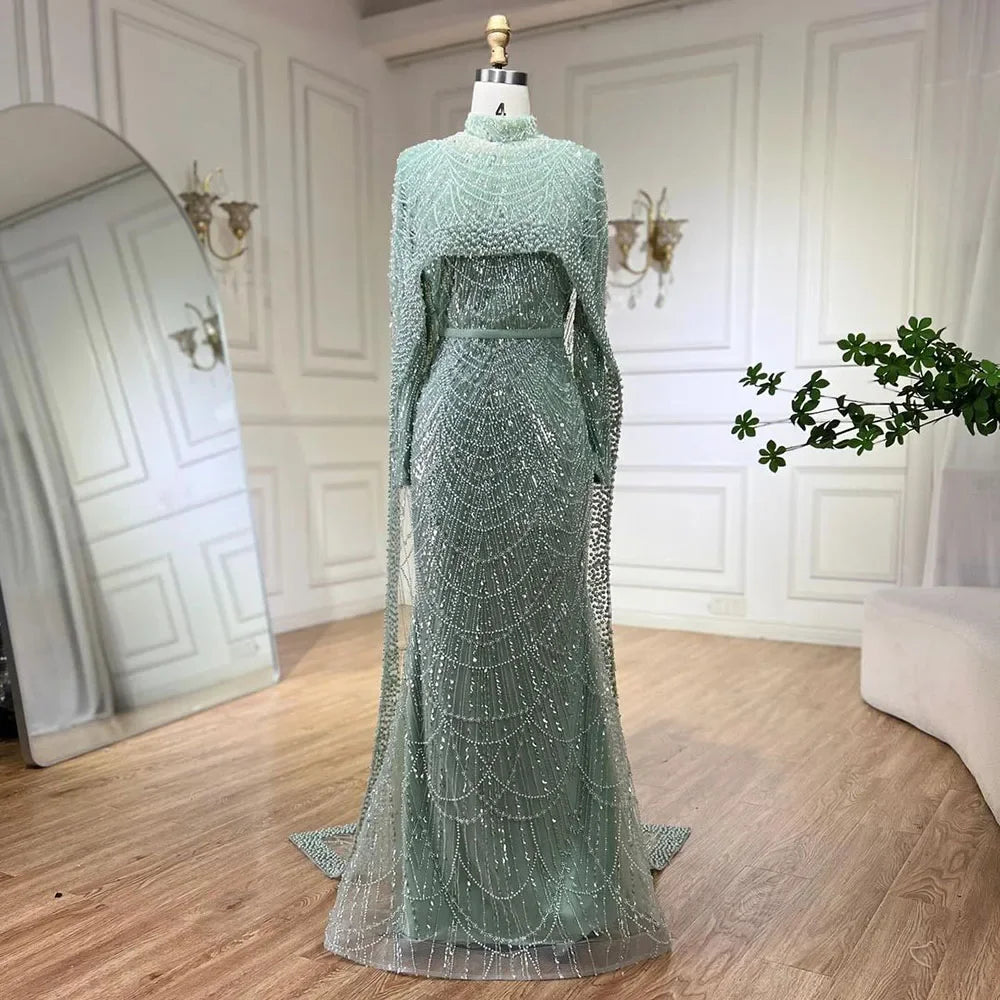 Muslim Long Cape Dubai Crystal Beaded Evening Gown LA72032M - SERENE HILL