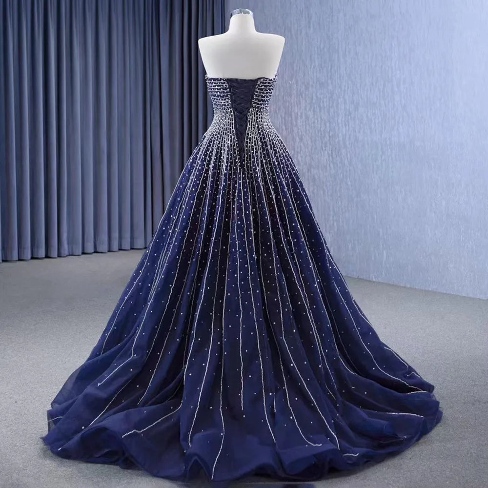 Serene Hill Navy Blue High End Sexy Crystal Beaded Luxury Pearls Lace Up Bride Gowns Wedding Dress Custom Made HM23102 - SERENE HILL