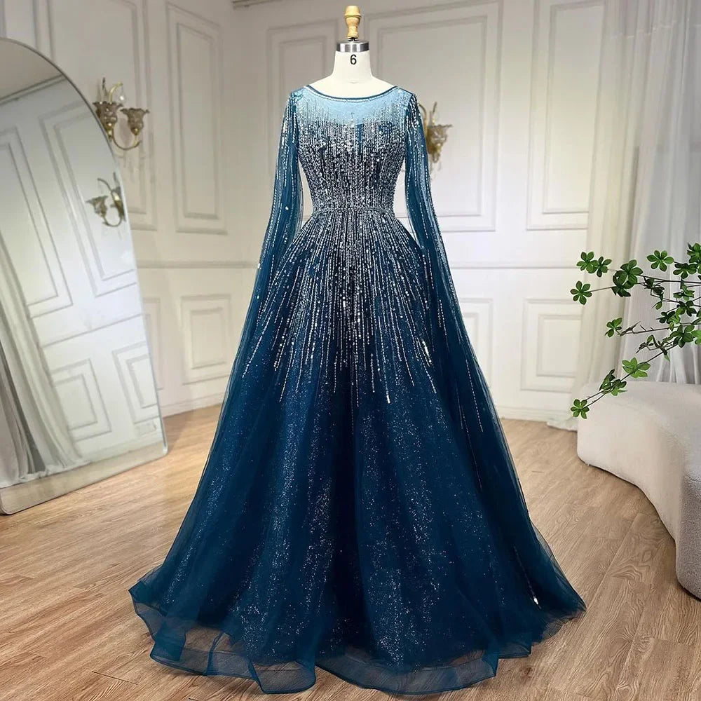 expensive evening dresses Luxury Blue A-Line Evening Dresses with Cape Sleeve LA72248A Blue / 2