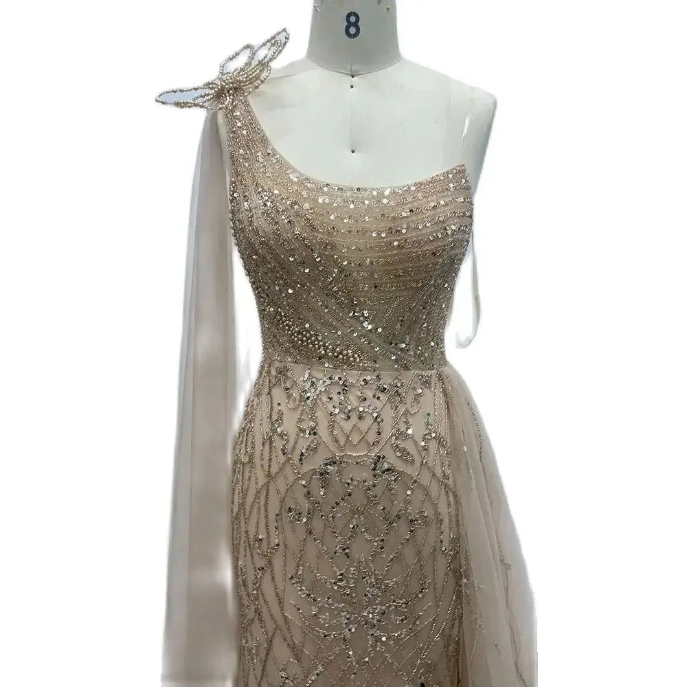 Serene Hill Nude Arabic Evening Dress Side Train One Shoulder Mermaid for Women&