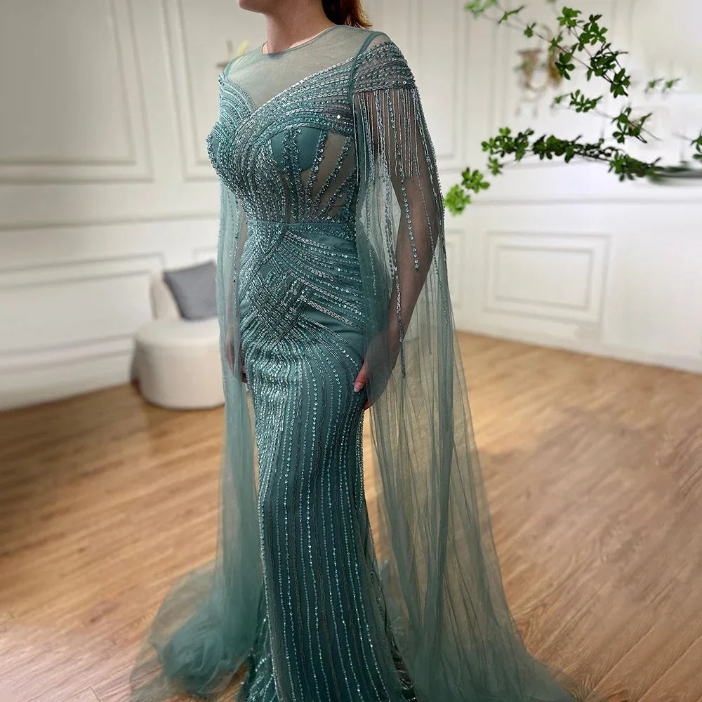 Serene Hill Nude Arabic Mermaid Cape Sleeves O-neck Beaded Evening Dresses Luxury Gowns 2025 For Women Wedding Party LA72012 - SERENE HILL