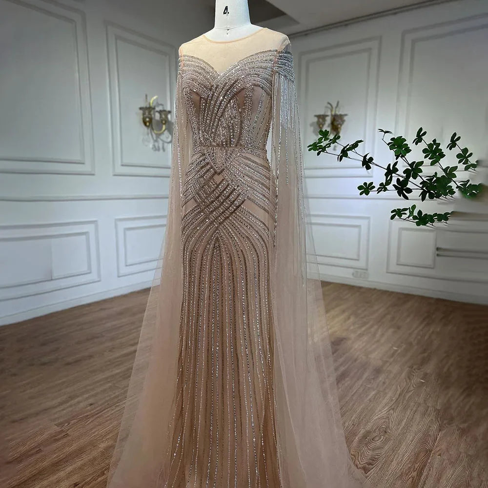 Serene Hill Nude Arabic Mermaid Cape Sleeves O-neck Beaded Evening Dresses Luxury Gowns 2025 For Women Wedding Party LA72012 - SERENE HILL