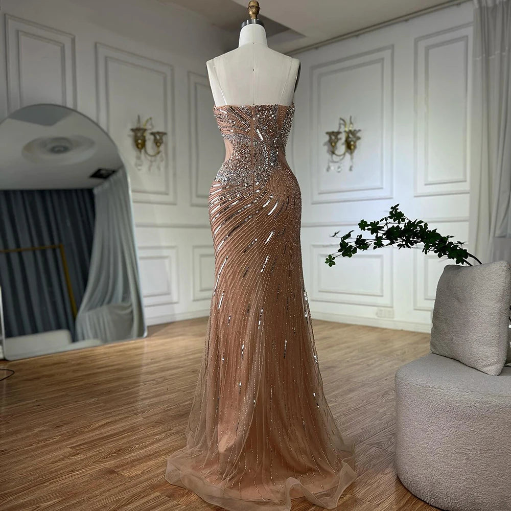 Luxury Dubai Nude Beaded Mermaid Evening Gown with High Split for Formal Occasion LA72904 - SERENE HILL